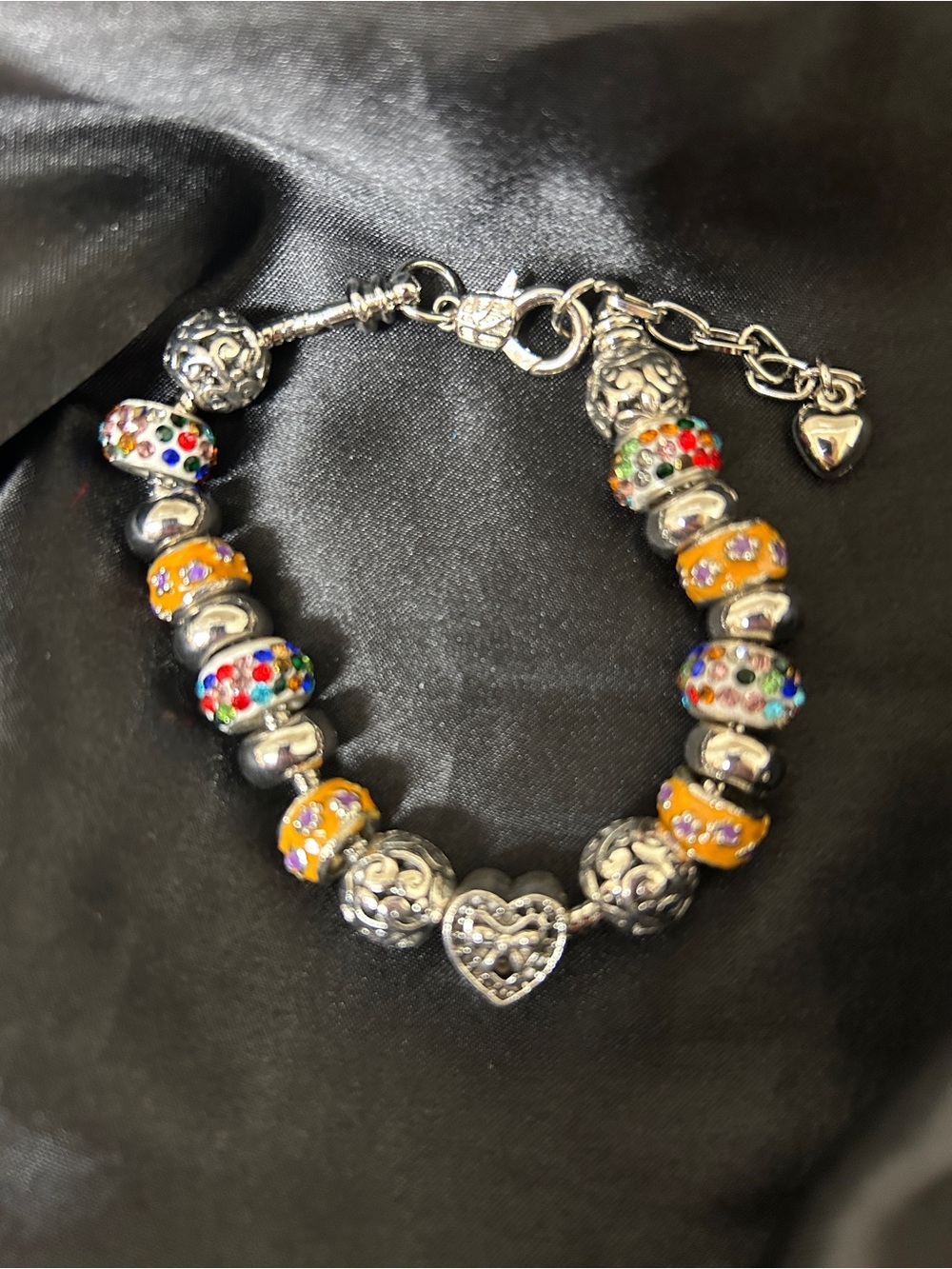 Silver Heart Charm Beaded Bracelet with Multicolor and Yellow Accent Beads